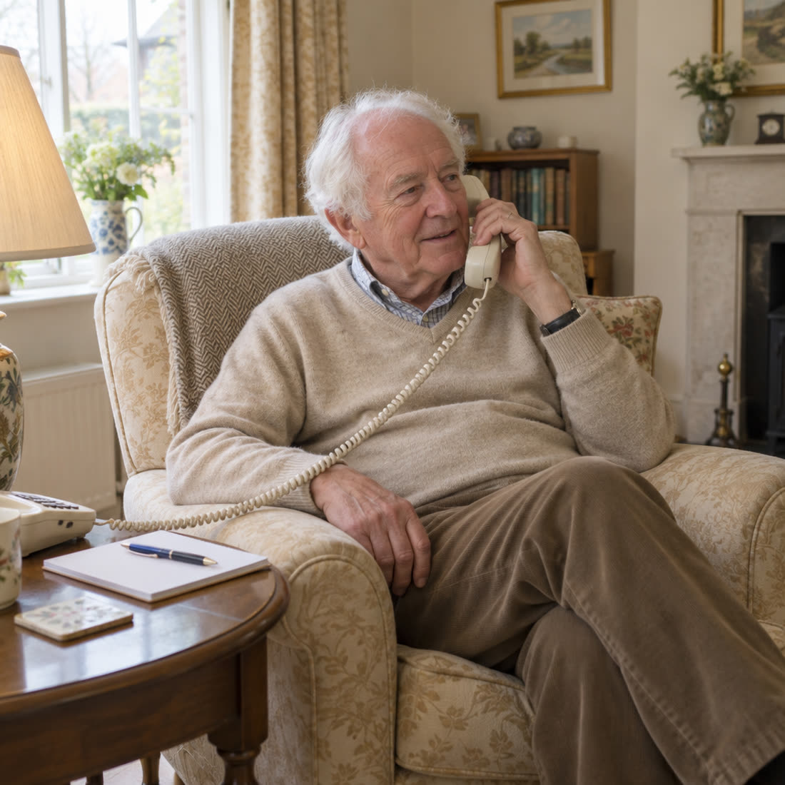 An older man taking a call in his armchair, a notepad on the table beside him