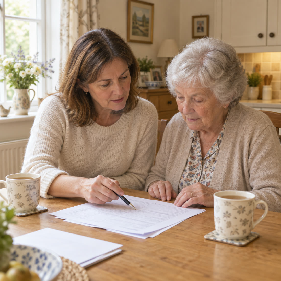 A daughter and her mother going through the claim form together at the kitchen table