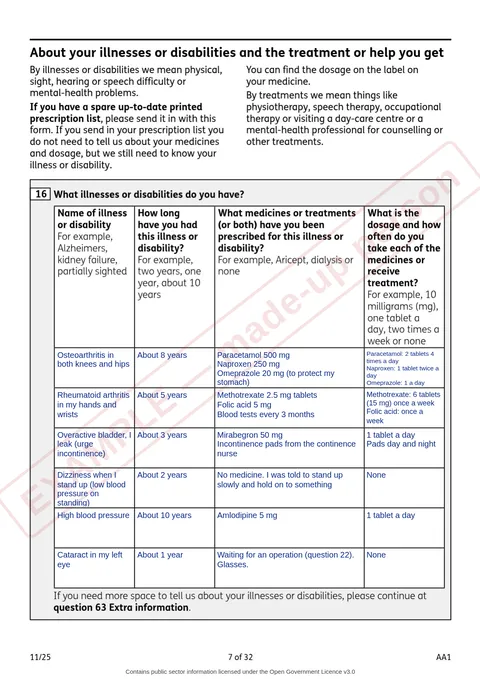 Page 7 of 32, illnesses and medicines — filled in for Margaret, a made-up person